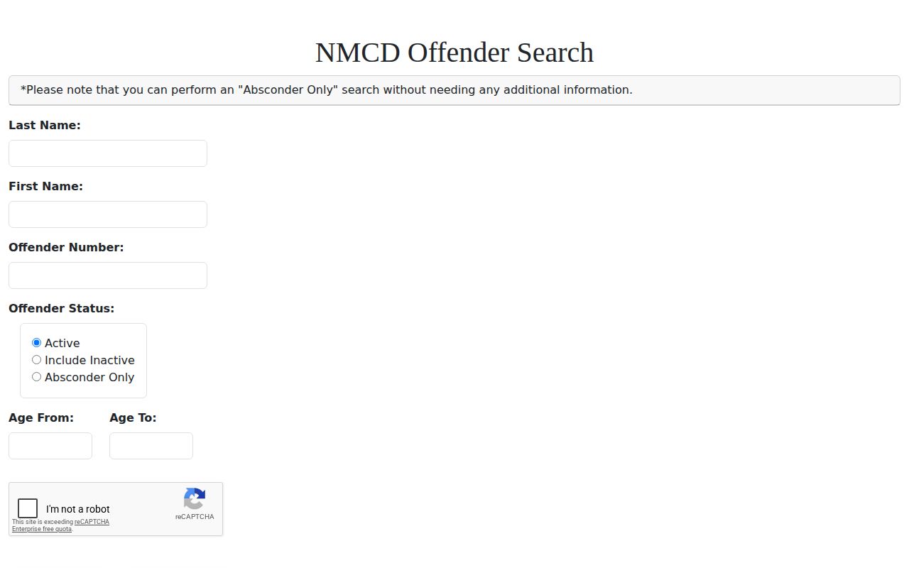 NMCD search fields for Lincoln County released state inmates